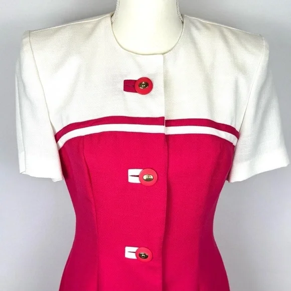 Vintage 1980s Howard Wolf Sheath Dress Short Sleeves Fuchsia Pink & White Size 4 - Picture 2 of 11
